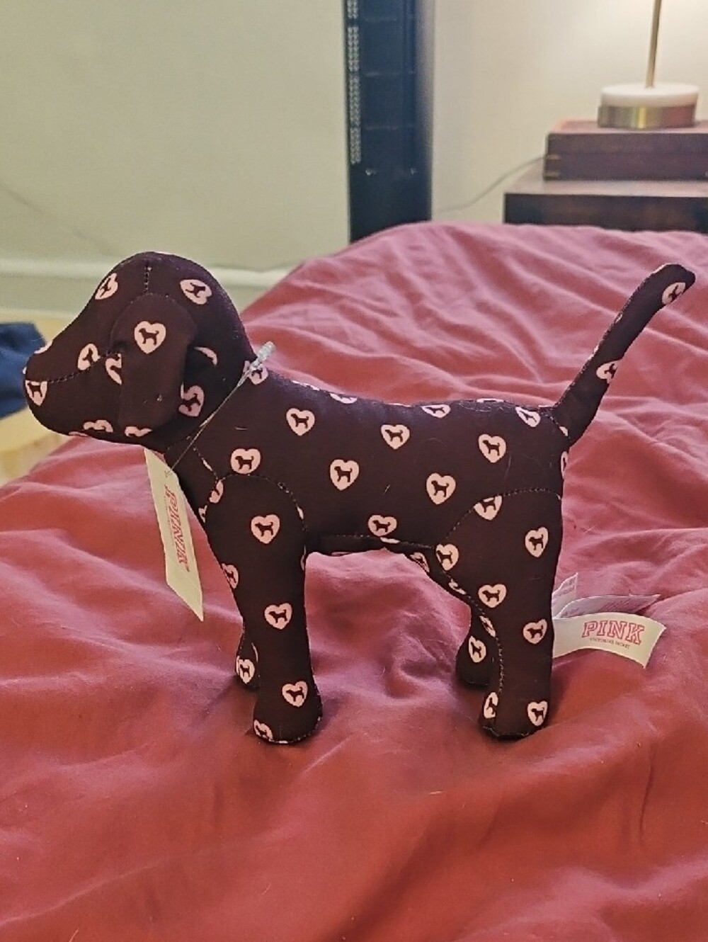 PINK Victoria's Secret Plush Dog with Pink Heart Print - Burgundy
